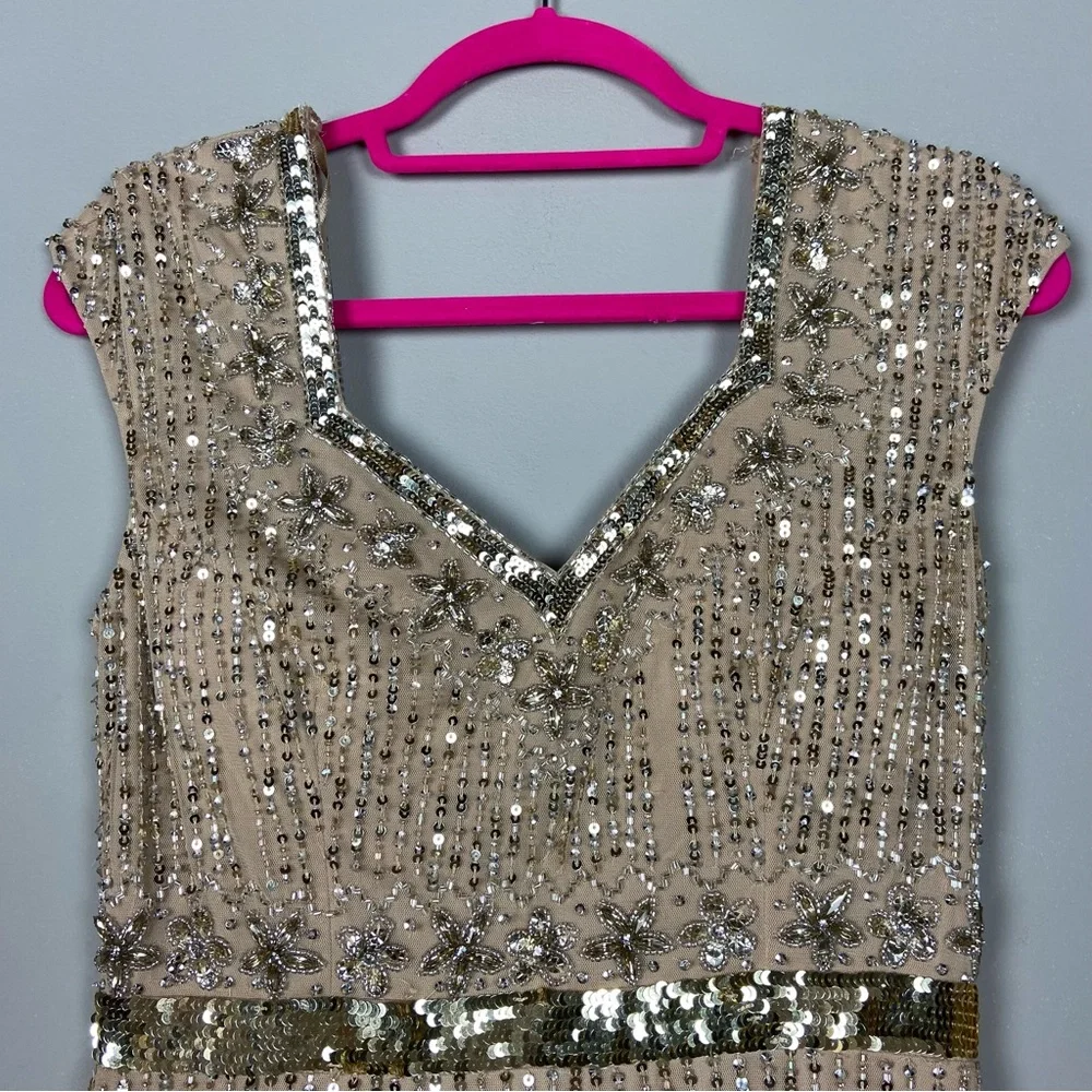 Mac Duggal cap sleeve sequin beaded embellished column gown nude 11175_14